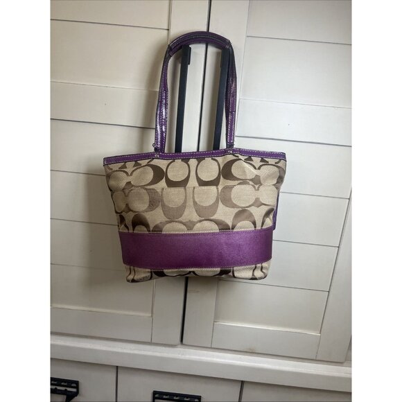 Project Bag-Coach Signature Stripe Tote Plum And Tan Bag #19046 - Picture 7 of 16
